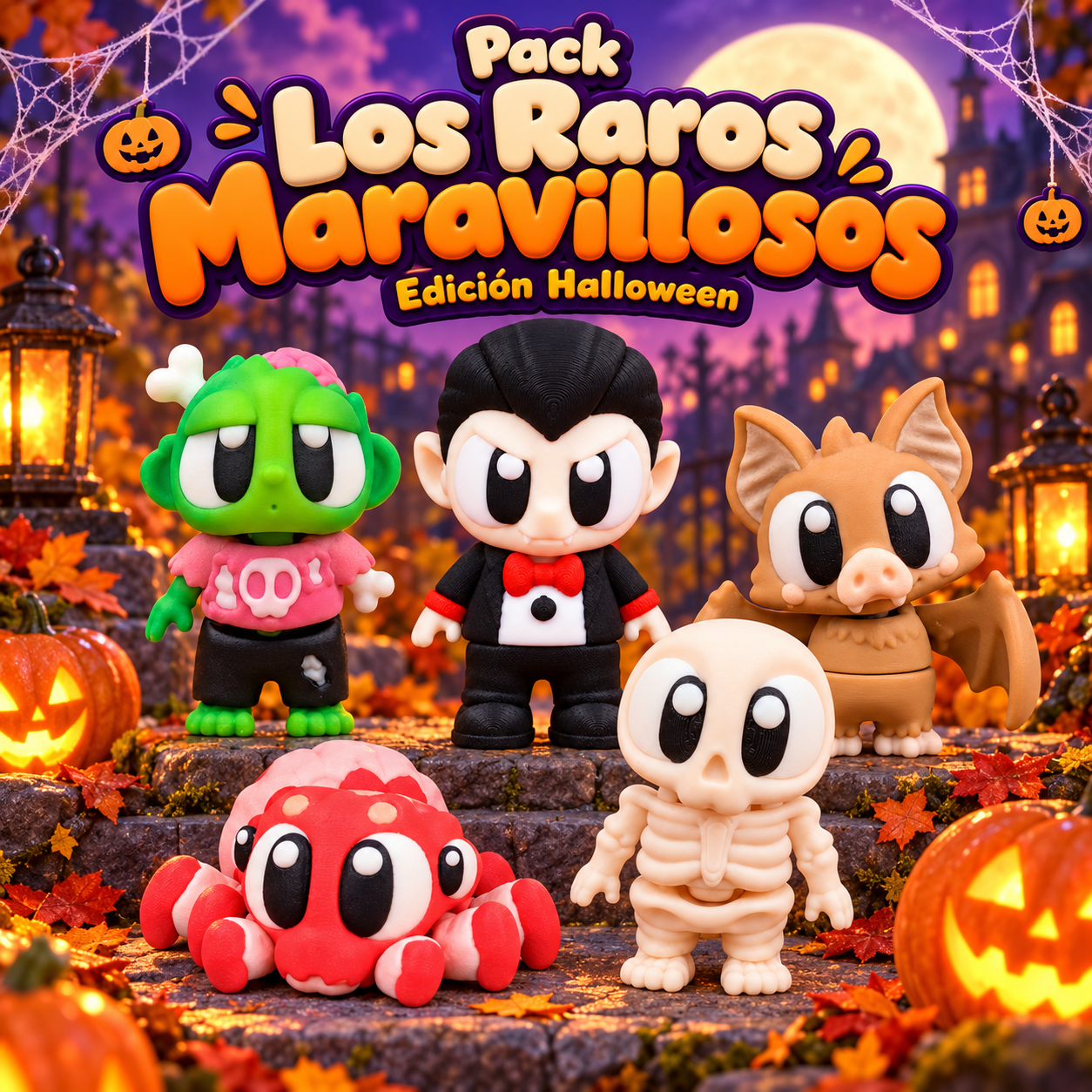 Pack Halloween Wompy Pals con Draqui el vampiro, Paco el zombi, Sombra el murciélago, Tito el esqueleto y Tila la araña.